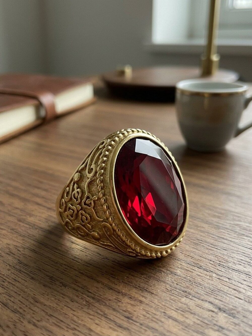 Mens Red Stone Cocktail Ring Gold Tone Stainless Steel Large Oval Crystal Signet